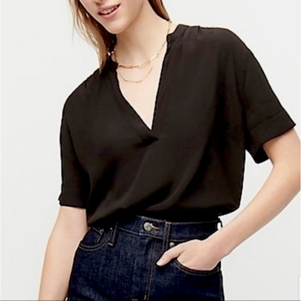 J. Crew Drapey‎ Band Collar Popover Black Blouse Sz Small